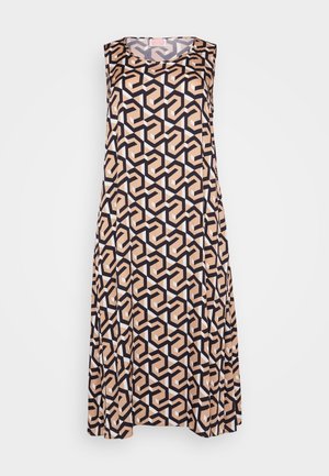 Sleeveless dress featuring a geometric pattern in black, beige, and white. Made of smooth fabric with a loose fit and round neckline.
