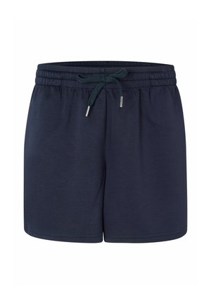 Marineblaue Sportshorts aus weichem Stoff, ausgestattet mit einem elastischen Bund mit Kordelzug und silbernen Metallspitzen an den Schnüren.