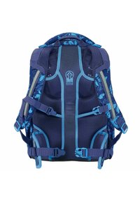 Blue backpack with floral design, padded mesh back, adjustable straps, and various buckles. Features a logo centered on back panel.