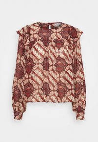 Blusa floreale rossa e beige, tessuto leggero, maniche lunghe, dettagli a volant sulle spalle, vita arricciata, scollatura rotonda.