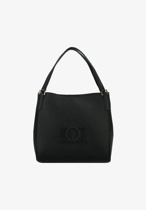 Borsa a tracolla in pelle nera dalla forma strutturata, con superficie testurizzata, dettaglio con logo sul davanti e doppi spallacci.