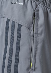 šedé sportovní šortky vyrobené z lehkého materiálu, s elastickým pasem a černými pruhy s reflexními detaily. Viditelné značení ClimaCool.