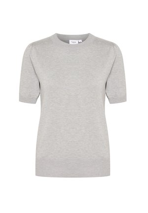 Grå kortärmad stickad topp med rundad halsringning och subtila puffärmar, tillverkad av mjukt tyg med en slät yta. Inga synliga mönster.