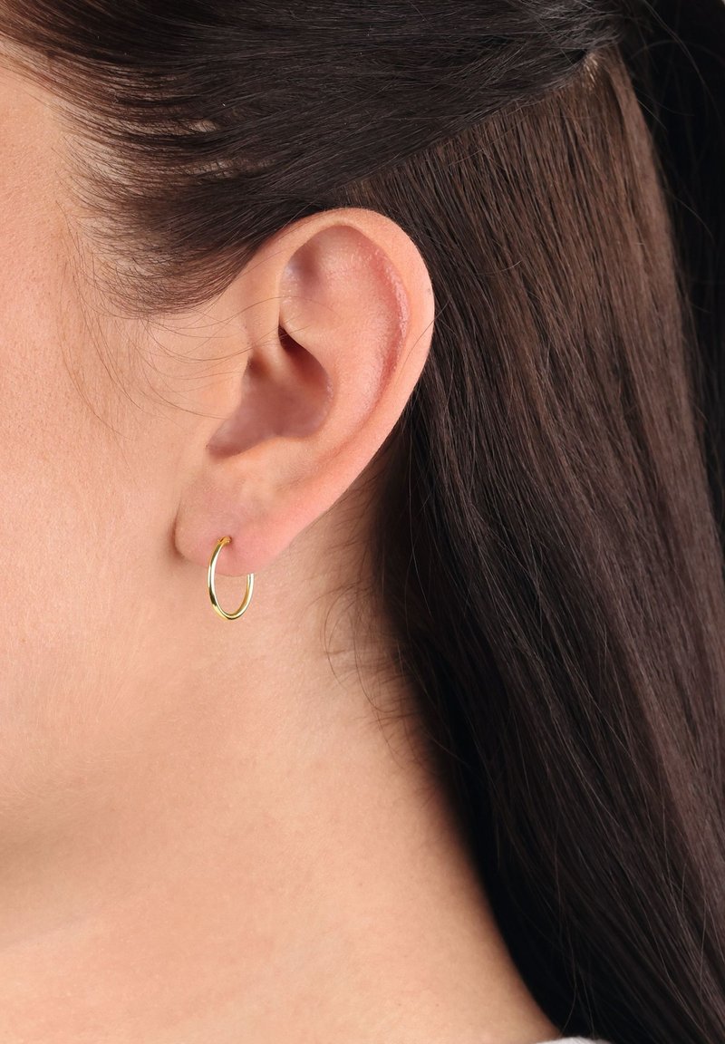 Guldörhänge med en enkel cirkulär design. Ytan är glänsande och slät, vilket framhäver dess delikata struktur mot huden.