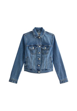 Jeansjack, blauwe kleur, lange mouwen, knoopsluiting, twee borstzakken, klassieke kraag, licht beschadigde structuur, casual ontwerp.