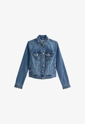 Chaqueta de denim, color azul, de mangas largas, cierre de botones, dos bolsillos en el pecho, cuello clásico, textura ligeramente desgastada, diseño casual.