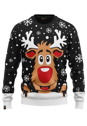 Black knit sweater featuring a reindeer face with a red nose, white antlers, and snowflakes. Ribbed cuffs and hem add texture.