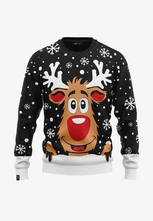 Schwarzer Strickpullover mit einem Rentierkopf, roten Nase, weißen Geweihen und Schneeflocken. Rippenbündchen und Saum sorgen für Textur.