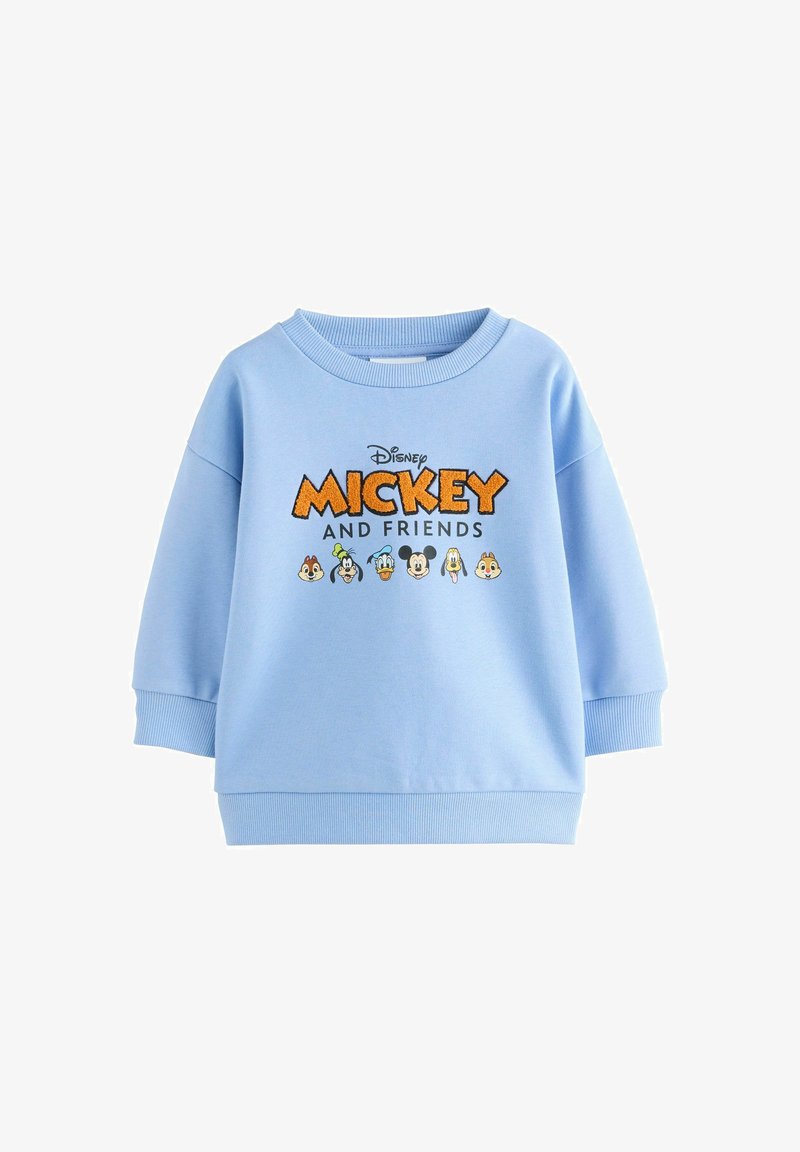 Felpa azzurra chiara con collo rotondo e vestibilità ampia. La parte anteriore mostra "Mickey e Friends" con personaggi dei cartoni animati ricamati in colori vivaci.