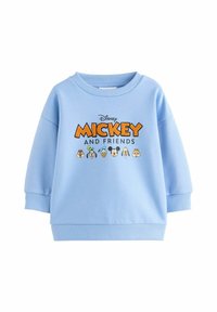 Svetlomodrá mikina s rebrovaným okrajom a manžetami. Na prednej strane sa nachádza nápis "Mickey A PRIATELIA" s grafikou kreslených postavičiek.