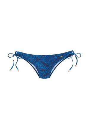 Blauer Bikini-Unterteil mit Bindeschnüren, das ein Fischgrätmuster in verschiedenen Blautönen zeigt. Hergestellt aus weichem, dehnbarem Material.