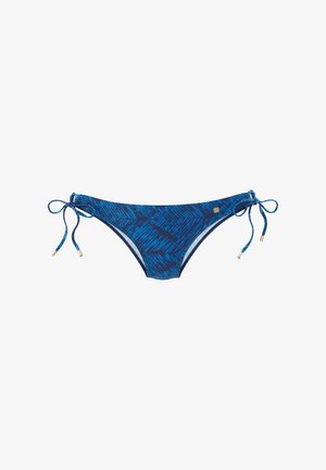 Blauer Bikini-Unterteil mit Bindeschnüren, das ein Fischgrätmuster in verschiedenen Blautönen zeigt. Hergestellt aus weichem, dehnbarem Material.