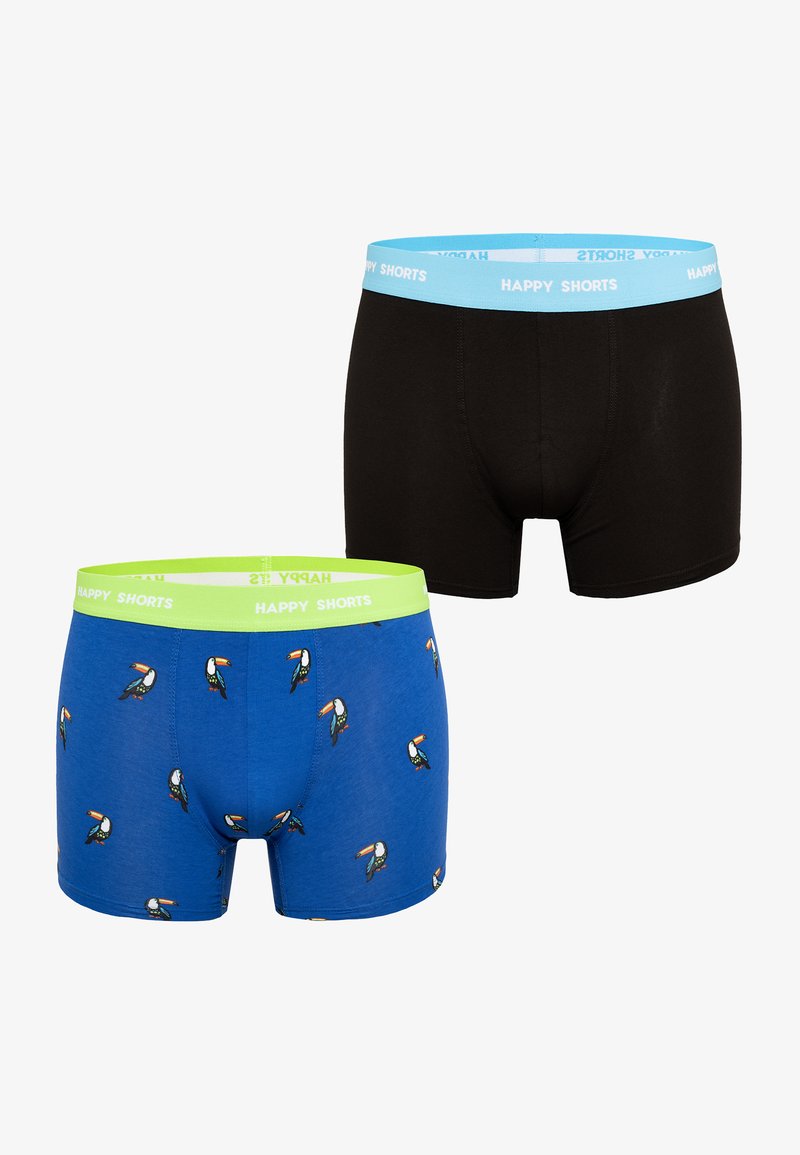 Twee paren mannenboxers: de ene is zwart met een lichtblauwe elastieke tailleband, de andere is blauw met toekansprints en een groene tailleband.