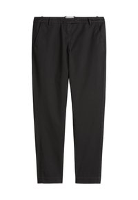 Schwarze Hosen aus glattem Stoff, mit einem klassischen Design, schmaler Passform, Fronttaschen und Gürtelschlaufen, mit geradem Bein.