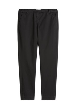 Pantalons noirs en tissu lisse, avec un design classique, coupe slim, poches avant et passants de ceinture, avec une coupe droite.