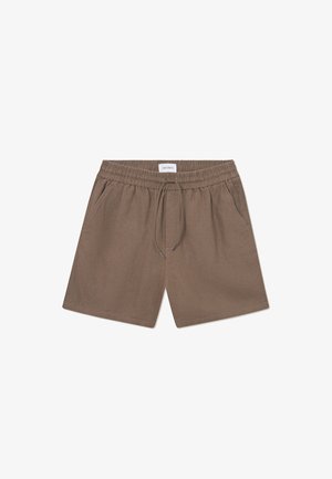 Braune Leinen-Shorts mit elastischem Bund, Kordelzugverschluss und seitlichen Taschen. Glatte Textur und lässiges Design.