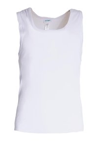 Top bianco senza maniche con scollatura rotonda e ampie aperture per le braccia. Realizzato in tessuto liscio, presenta un'etichetta all'interno della zona del collo.