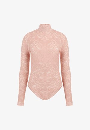 Bodysuit à manches longues en dentelle rose pâle avec col haut et design sans couture, présentant une silhouette ajustée et une texture lisse et délicate.