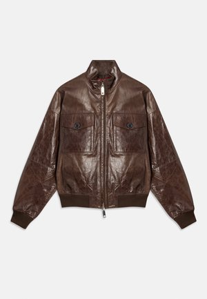 Brown leather bomber jacket with a high collar, zip closure, two front pockets with button flaps, and ribbed cuffs at the hem.