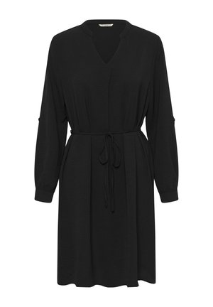 Must kleit V-kaelusega, pikad varrukad ja reguleeritav lipsuga vöö. Valmistatud pehmest kangast, millel on veidi kogutud varrukad ja voolav siluett.