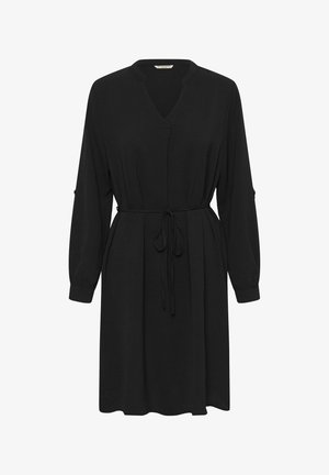 Must kleit V-kaelusega, pikad varrukad ja reguleeritav lipsuga vöö. Valmistatud pehmest kangast, millel on veidi kogutud varrukad ja voolav siluett.