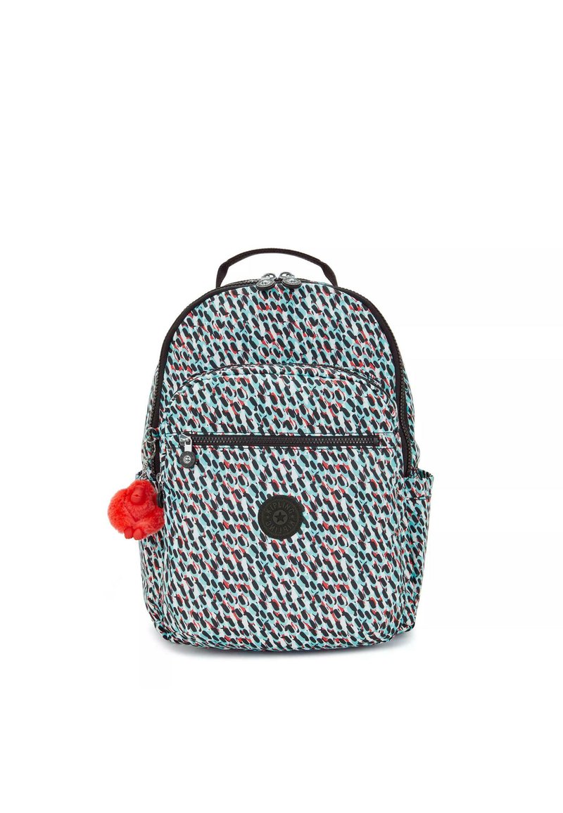 Backpack with a light blue base and colorful drop-pattern design, featuring a red pom-pom keychain and a front zip pocket.