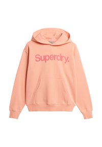 Roze hoodie met een kangoeroezak, ribbelboorden en -zoom. Heeft grote "Superdry" tekst in een contrasterende tint aan de voorkant.