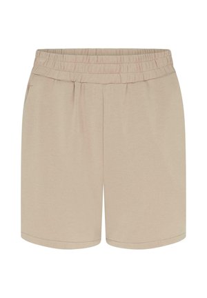 Beige korte broek gemaakt van zachte stof, met een elastische tailleband en twee zijzakken. Rechte snit met omgezoomde randen.