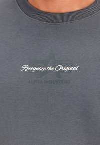 Tumši pelēks krekliekšs ar ribinātu apkakli. Izceļas ar drukātiem tekstiem: "Atpazīt oriģinālu" un "ALPHA INDUSTRIES" kontrastējošās krāsās.