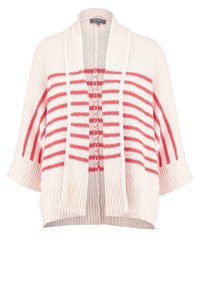 Světlý krémový cardigan s červenými horizontálními pruhy, vzorovaná pletenina, otevřený přední díl, široké rukávy a ribbové manžety a lem.