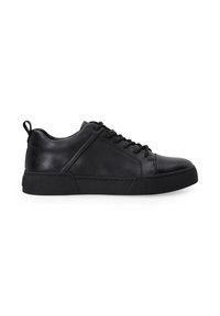 Schwarze Ledersneaker mit niedrigem Profil, runder Zehenpartie und strukturiertem Gummisohle. Verfügt über ein Schnürdesign und eine Schlaufe an der Rückseite.