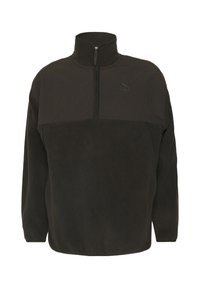 Mörk fleecepullover med hög krage och dragkedja fram. Den övre sektionen har ett slätt tyg; logotyp på vänster bröst. Mjuk textur överlag.