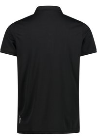Sort poloshirt med krave, korte ærmer og en glat, struktureret stof. Har et diskret logo på venstre side nær kanten.