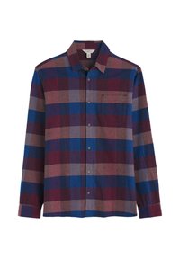 Camicia scozzese in tonalità blu, bordeaux e marrone. Presenta un colletto, una chiusura con bottoni sul davanti e una tasca sul petto. Maniche lunghe.