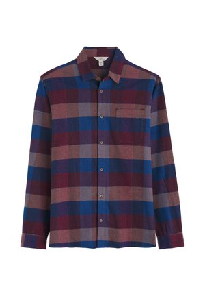 Kockovaná košeľa v modrých, burgundských a hnedých odtieňoch. Má golier, zapínanie na gombíky vpredu a jedno náprsné vrecko. Dlhé rukávy.