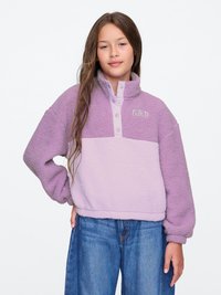Pulloverjakke lavet af blødt fleece, med et farveblokdesign i lavendel og lys lilla, snapknapper og broderet logo-detalje.