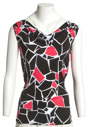 Ärmelloses Top mit abstraktem geometrischem Muster in Schwarz, Rot und Weiß, mit drapiertem Ausschnitt und Knopfdetails an den Schultern.