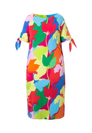 Sukienka do kolan z krótkimi rękawami związanymi na mankietach, zdobiona kolorowym abstrakcyjnym wzorem kwiatowym w kolorach czerwonym, zielonym, niebieskim, żółtym i różowym.