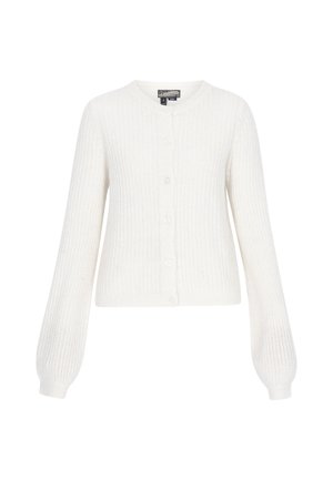 Hvid strikket cardigan med rund hals, knaplukning og lange, let puffede ærmer. Har et struktureret mønster over hele stoffet.