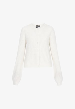 Cardigan bianco a maglia con scollo rotondo, chiusura a bottoni e maniche lunghe leggermente gonfie. Presenta un motivo testurizzato su tutta la superficie.