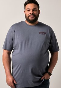 Szara koszulka z krótkim rękawem, okrągłym dekoltem i małym bordowym logo na lewej piersi. Wykonana z gładkiego materiału.