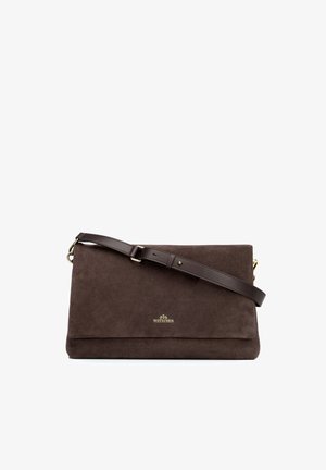 Donkerbruine suède crossbodytas met verstelbare leren band en gouden Wittchen-logo op de voorflap, tegen een witte achtergrond.