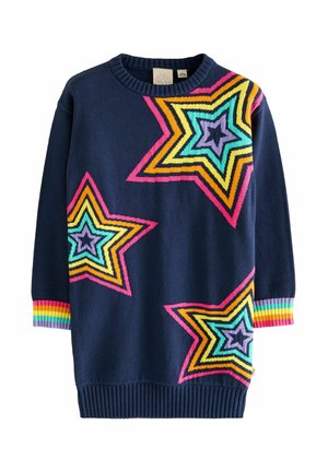Marineblauer Strickpullover mit bunten Sternmustern in Pink, Orange und Türkis. Gerippter Saum und Bündchen mit einem Regenbogenstreifen-Motiv.