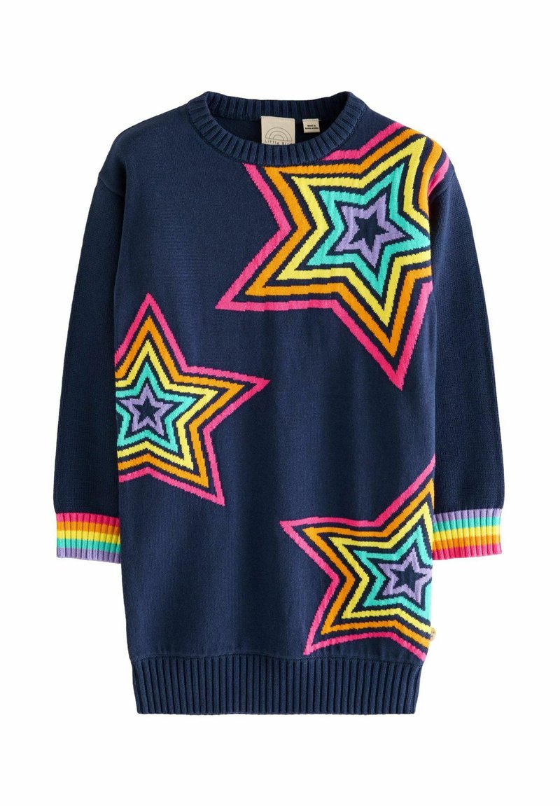 Maglione lavorato a maglia blu navy con motivi a stella colorati in rosa, arancione e turchese. Orlo e polsini a coste con dettagli a striscia arcobaleno.