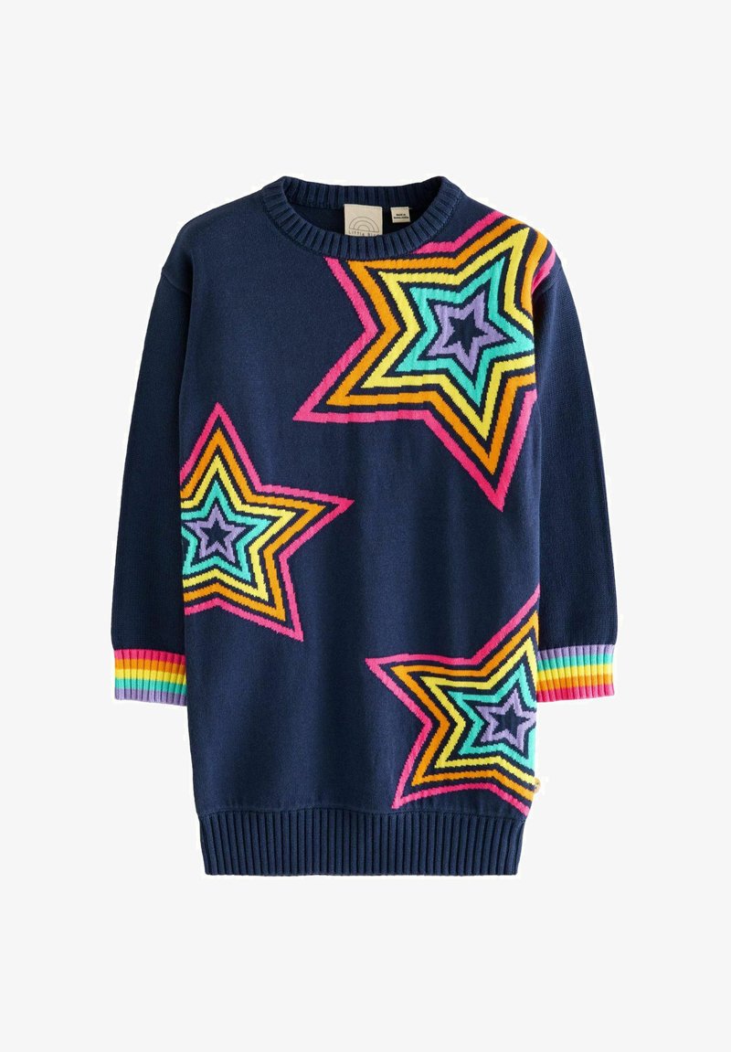 Tengerészkék kötött pulóver színes csillagmintákkal rózsaszín, narancs és türkiz árnyalatokban. Bordázott alja és ujjak, valamint szivárványcsík részletekkel.