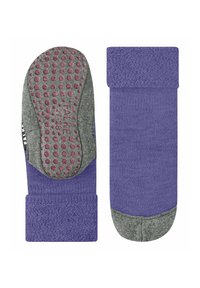 Calzini viola con accenti grigi e una suola antiscivolo a pois. Cuffia a coste nella parte superiore. Texture morbida e forma affusolata per comfort e aderenza.
