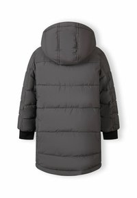 Grå pufferjakke med hætte, med quiltede sektioner, ribbede sorte manchetter og et afslappet design. Glat tekstur og uden synlige lukninger.