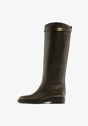 Stivali marroni in pelle fino al ginocchio con finitura liscia, punta rotonda, tacco robusto e un dettaglio decorativo dorato vicino alla parte superiore.