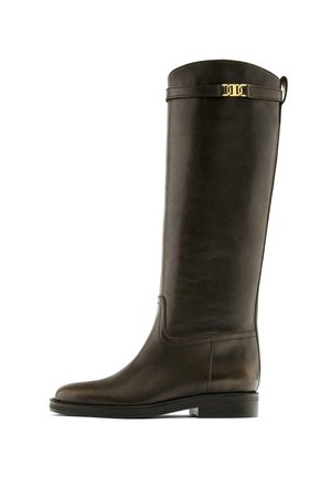 Stivale in pelle marrone al ginocchio con una superficie liscia, dotato di una cinturino dorato decorativo nella parte superiore e tacco basso. Design classico con dettagli minimi.