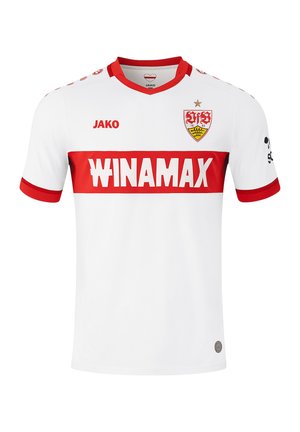 Weißes Kurzarmtrikot mit roten Akzenten, das ein auffälliges rotes Band mit der Aufschrift "WINAMAX", die Marke "JAKO" und ein Logo mit einem Löwenwappen zeigt.